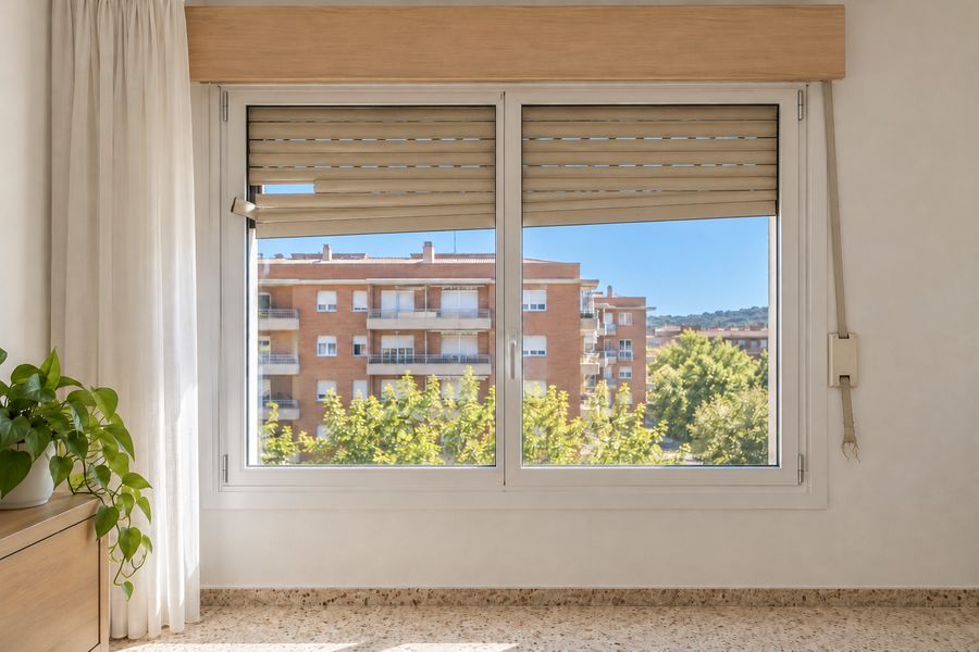 Persiana enrollable caída con la cinta rota, vista desde dentro de la habitación