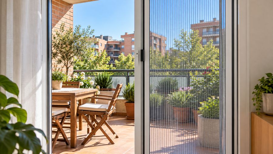 Mosquitera plisada de aluminio blanco a medio correr en la puerta de una terraza con plantas