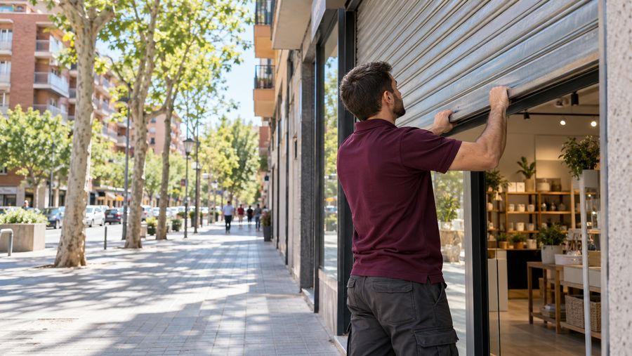 Técnico subiendo a mano el cierre metálico de un comercio en una calle con árboles