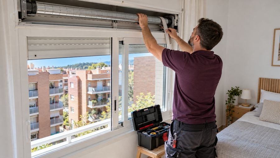 Técnico cambiando la cinta de una persiana enrollable con el cajón abierto en un dormitorio con luz de día