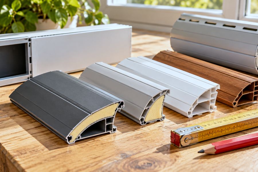 Lamas de aluminio térmico con espuma, de PVC y de madera junto a un metro plegable sobre un banco de trabajo