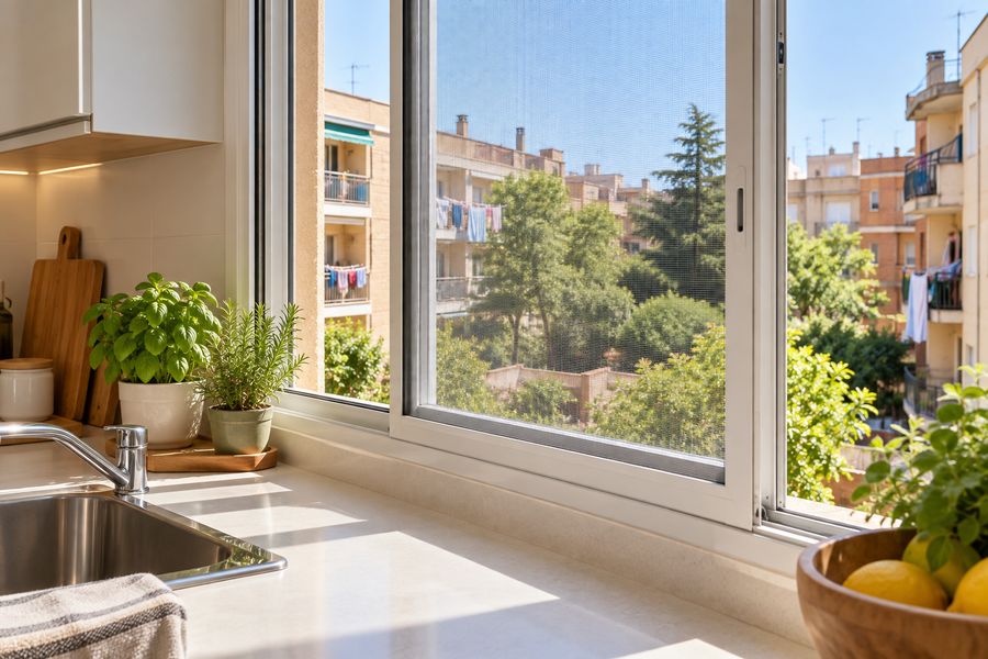 Mosquitera corredera de aluminio blanco en la ventana abierta de una cocina luminosa